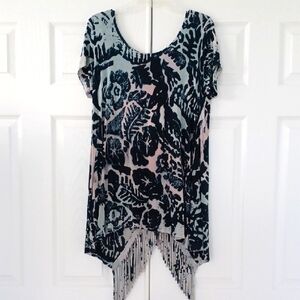 T Party Black Floral Fringe Western Short Sleeve Tunic Top
